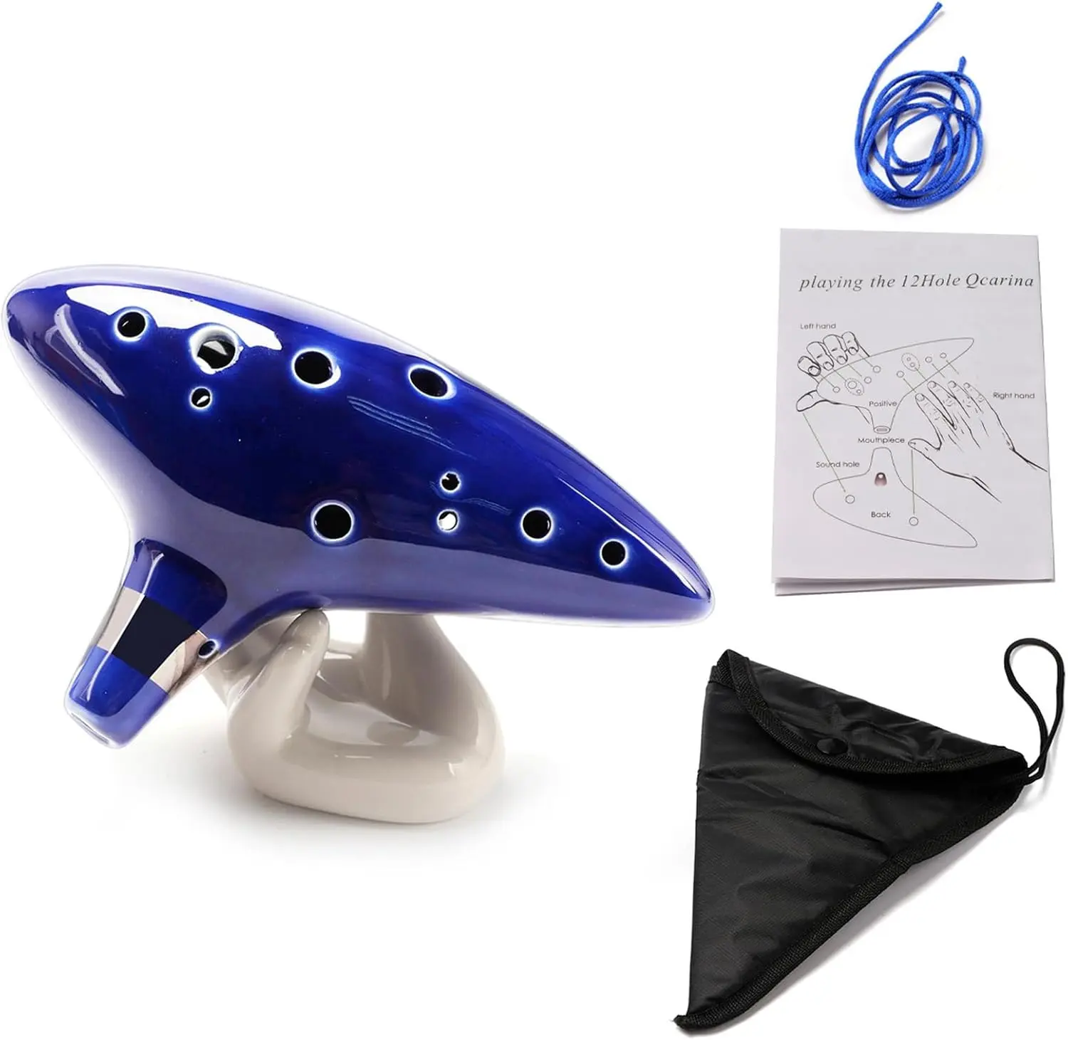 Unisex 12-Hole Alto C Ceramic Ocarina Wind Instrument with Smooth Glaze, Beautiful Sound, Easy to Learn for Jam Sessions, 16x10x4cm (6.3x3.9x1.6in), Neck Strap Cord, Song Book, Gift Box, Hand-Shape Display Stand, Black Protective Bag, Ideal Gift, Perfect