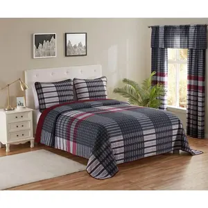 3 PCS Reversible Quilt Bedspread Coverlet Red & Black Patchwork Design Ultra Soft Microfiber Oversized King/Cal-King 118" W x 106" L