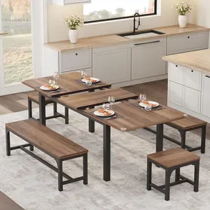 5-Piece Dining Table Set for 4-6, 63" Extendable Dining Room Table Set for 4,Dining Table Set for 6 with Metal Frame,Kitchen Table & Chairs Set with 2 Benches and 2 Stools,Ideal for Small Space-Walnut
