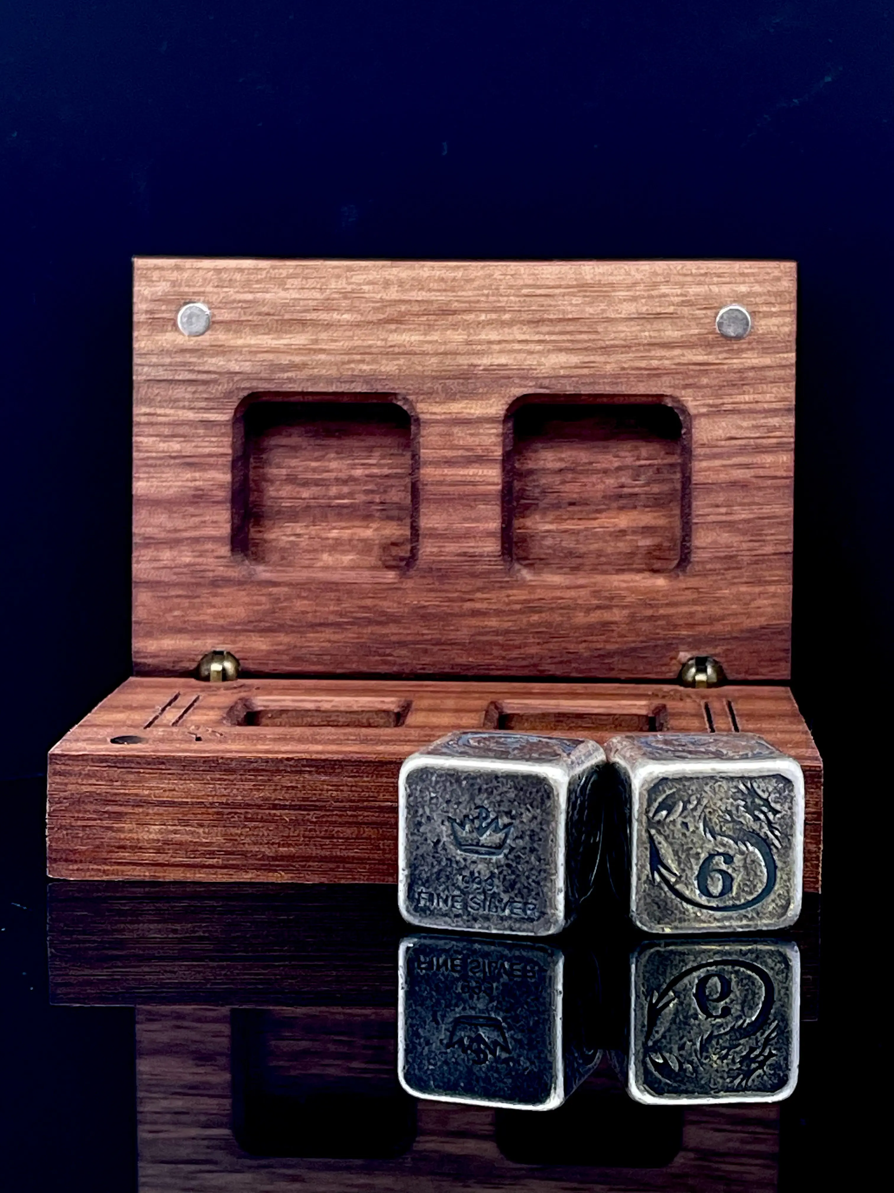 Pair of 1.338 Troy Oz .999 Fine Silver Dragon Dice with Wooden Box