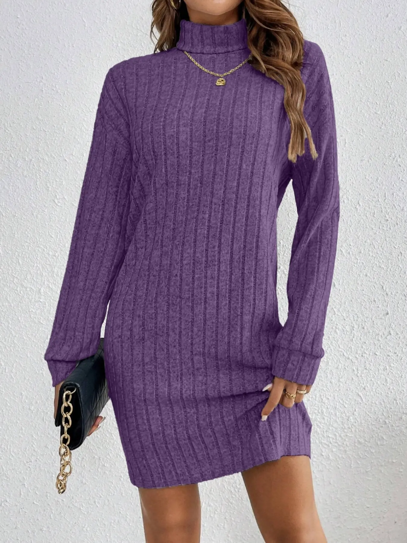Women's Basic High Neck Knitted Long Sleeve Fitted Dress, Pure Color Autumn Winter Sweater Skirt, Versatile Inner Layer Casual Wear, Soft & Cozy Design