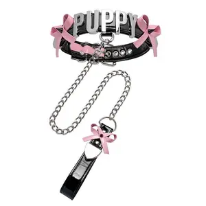 Punky PU Leather Choker Pink Black Bow Collar Necklace for Girl Cool Streetwear with Chain and Pink Bow Detail