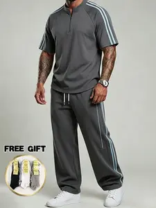 Men’s set featuring panel construction with side stripe design; casual loose short-sleeve top and long pants with an elastic waistband, suitable for gym workouts and everyday wear—casual sportswear.