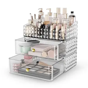 Clear Makeup Organizer with Drawer, Cosmetic Storage Box for Brushes, Lipsticks & Jewelry, Sliding Grid Racks Vanity Desktop Organizer