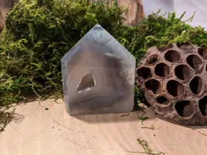 Blue Druzy Agate Tower Gray Polished Point Natural Banded Brazil Geode Gemstone Healing Crystal Mineral Specimen Quartz Drusy Cave Sparkly