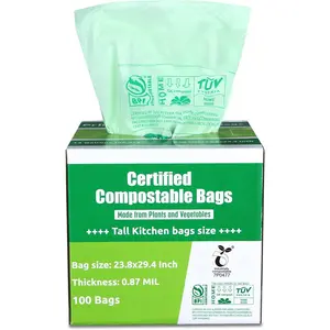 Compostable Bags 13 Gallon, Tall Kitchen Trash Bags, 100 Count, Extra Thick 0.87 Mil. ASTMD6400  Scrap Yard  Compost Bags, Certified by BPI and TUV AUSTRIA