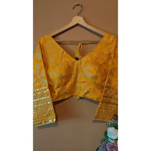 Dola Yellow Silk Blouse with V-Neckline, Adjustable Fit, Long Sleeves, Traditional Design & Elegant Print