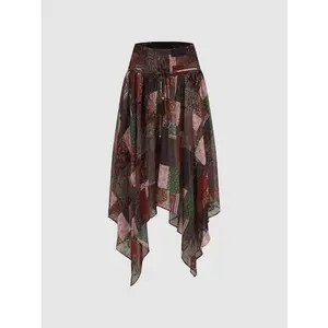 URBAN REVIVO 2026 Summer Women's Casual Oversized Thin Polyester Fabric Midi Skirt - Asymmetric Patchwork Print, Elastic Hip, Flowy Knot-Style Bottom, Aesthetic Asymmetric Print Skirt UYL560048, Midi Skirts