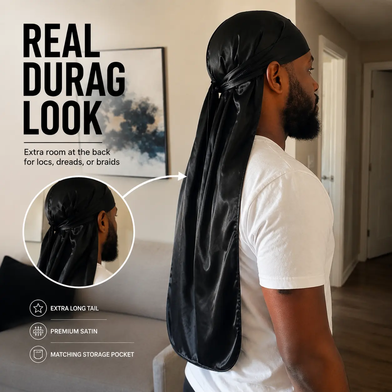 Long Pocket Satin Durag with Rear Storage Pocket for Locs, Long Dreads & Braids – Men’s Durag for Sleeping, Protective Hairstyles & Daily Wear sohochic