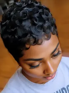 Curly Wave Wig Human Hair Wig Pixie Cut Wig for Women Full Machine Made Wig 150% Density 6 Inch