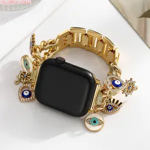 Golden Evil Eye Chic Metal Watch Band, Luxury Elegant Strap, Delicate Craft Compatible with Apple Watch 7 8 9 for Daily Fashion Casual Wear, Only Watch Band Included