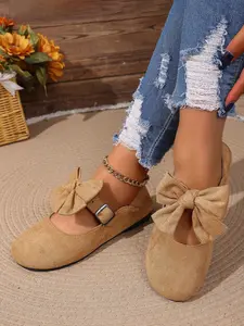Vintage Bow Mary Jane Flat Rubber Classic Shoes for Women, Comfortable Round Toe Slip Ons with Adjustable Straps, All-Season Fashion Footwear