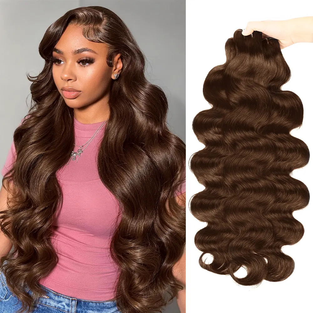 #4 Brown Body Wave Bundles Raw Unprocessed Human Hair Weave Bundles 14-28 Inch Quick Weave Extensions Upgrade 15A Remy Hair Bundles Sew In