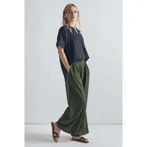 High Waisted Pleated Wide Leg Pants - Soft Textured Crepe Fabric with Elastic Waistband & Side Pockets for Women Shirred Waist
