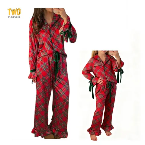 Mommy And Me Matching Christmas Pajamas Set Bow Tie Shirt Pants With Loose Long Pants Pjs Set 2 Piece Sleepwear