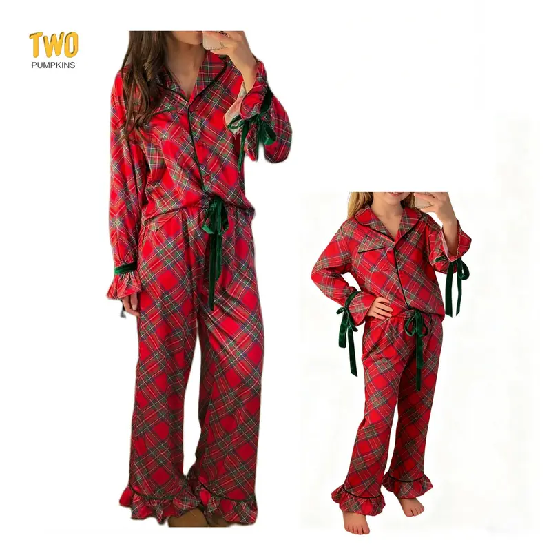 Mommy And Me Matching Christmas Pajamas Set Bow Tie Shirt Pants With Loose Long Pants Pjs Set 2 Piece Sleepwear