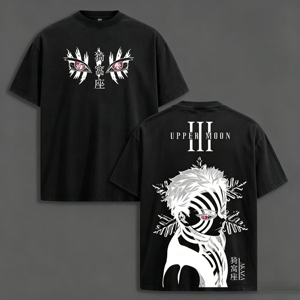 Akaza Upper Rank 3 Graphic Tee Vintage Washed Oversized Shirt Manga Villain Demon Slayer Cotton T-Shirt for Truck Lovers Unisex Casual Crewneck Top Menswear Fashion Essential