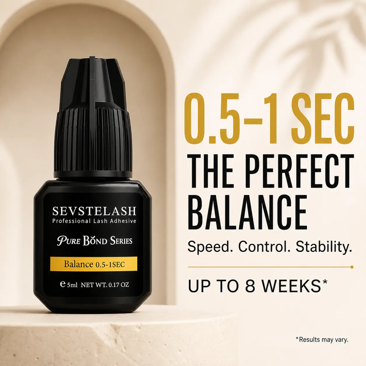SEVSTELASH BALANCE Professional Lash Extension Glue 5ml / 0.17 fl.oz / 0.5-1 Sec Dry /  Retention-8 Weeks / Powerful Flexible Black Adhesive/ Low-Irritation /  Wide Temperature & Humidity Range / Lash Tech Supplies