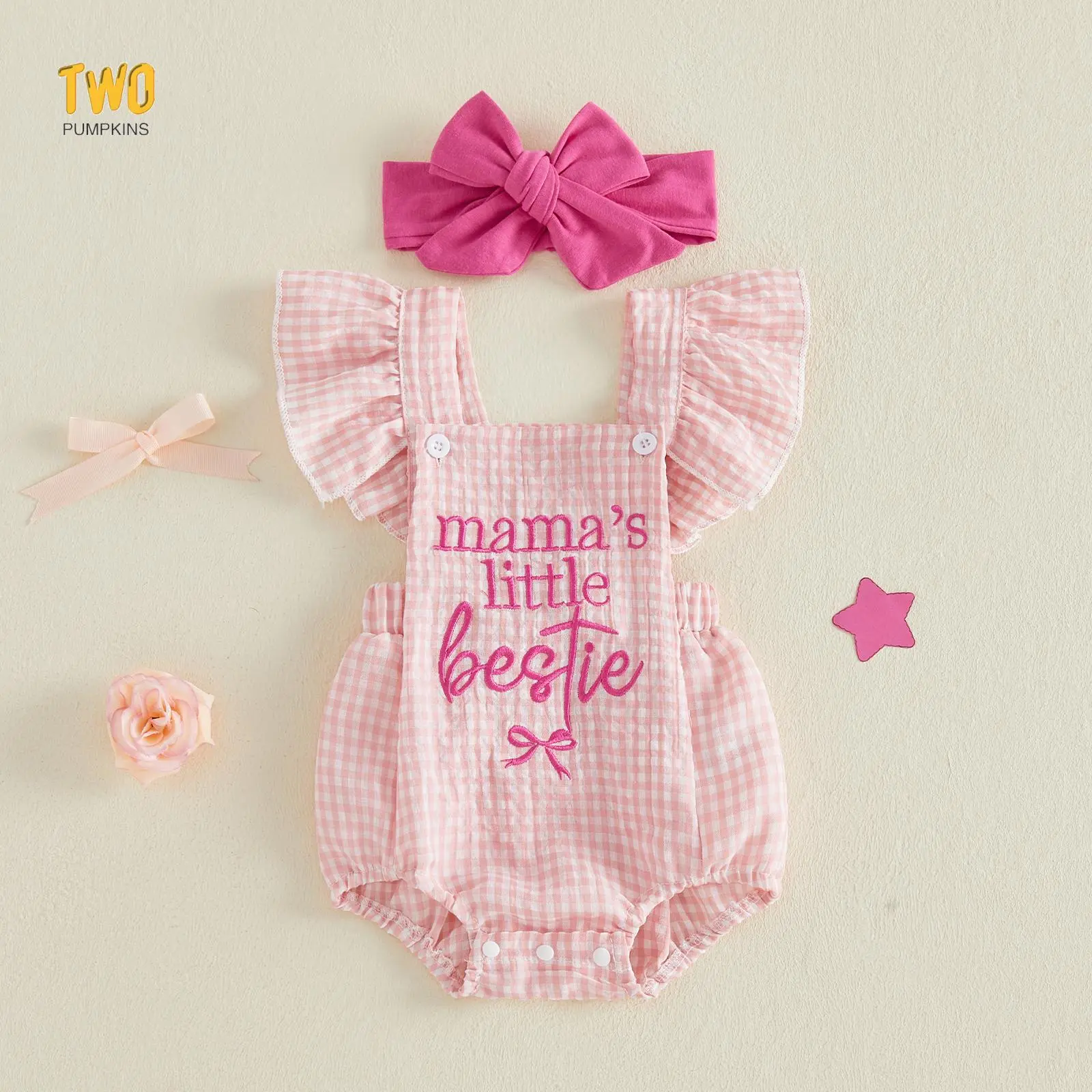 Baby Girl 2pcs Summer Outfits Ruffle Sleeveless Bow Embroidery Romper With Headband Set Mother's Day Newborn Clothes