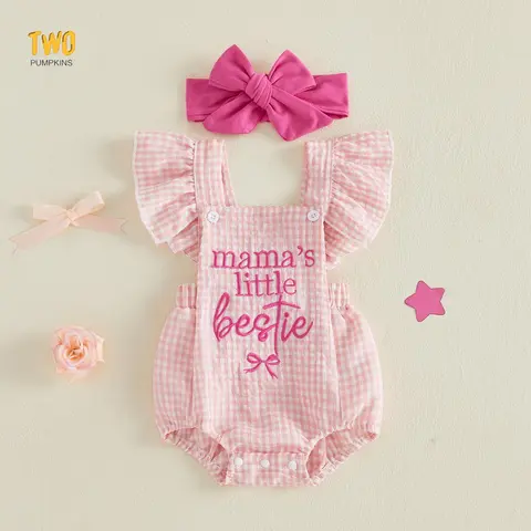 Baby Girl 2pcs Summer Outfits Ruffle Sleeveless Bow Embroidery Romper With Headband Set Mother's Day Newborn Clothes