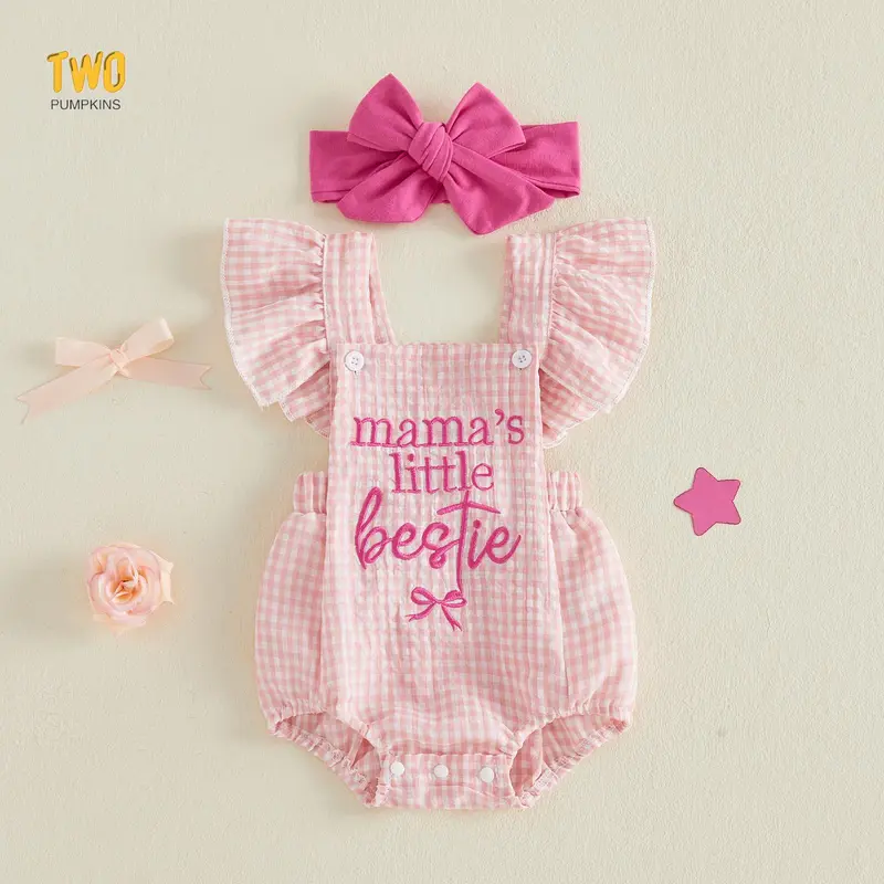 Baby Girl 2pcs Summer Outfits Ruffle Sleeveless Bow Embroidery Romper With Headband Set Mother's Day Newborn Clothes