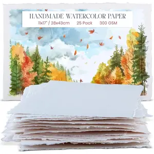 Thick Handmade Watercolor Paper with Deckle Edge - 11x17 300GSM - Premium White Cold Press Textured Mixed Media Paper Made with Recycled Cotton - 25 Loose Leaf Sheets