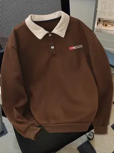 Men's Stand Collar Pullover Sweater, Colorblock Lamb Fleece Polo Style, Outdoor Norway Print, Casual Long Sleeve Top, Fall Winter Series