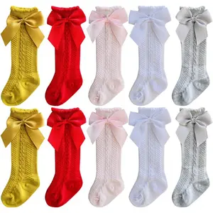 Baby Girls Toddler Bow-Stitched Breathable Cable Knit Knee High Long Tube Socks
