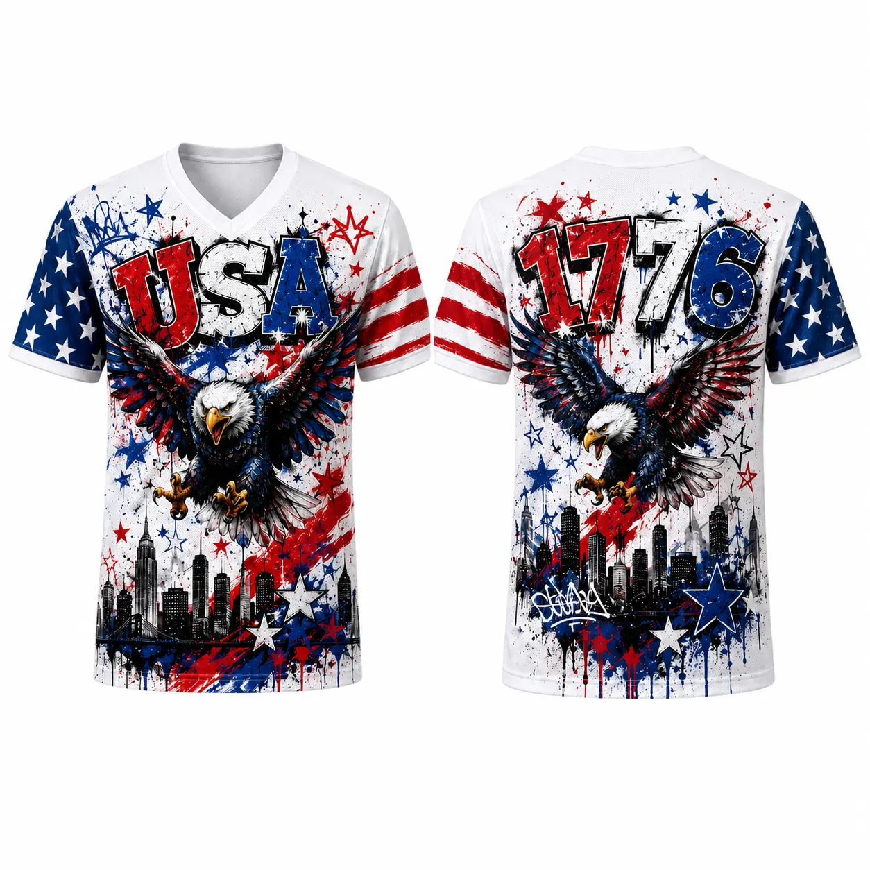 Men's Breathable Patriotic V-Neck Sports Top - 1776 Back Graphic, Flying Bald Eagle Artwork, Graffiti-Style City Skyline All-Over Print, Red White Blue 4th of July Athletic Shirt, Eagle 1776