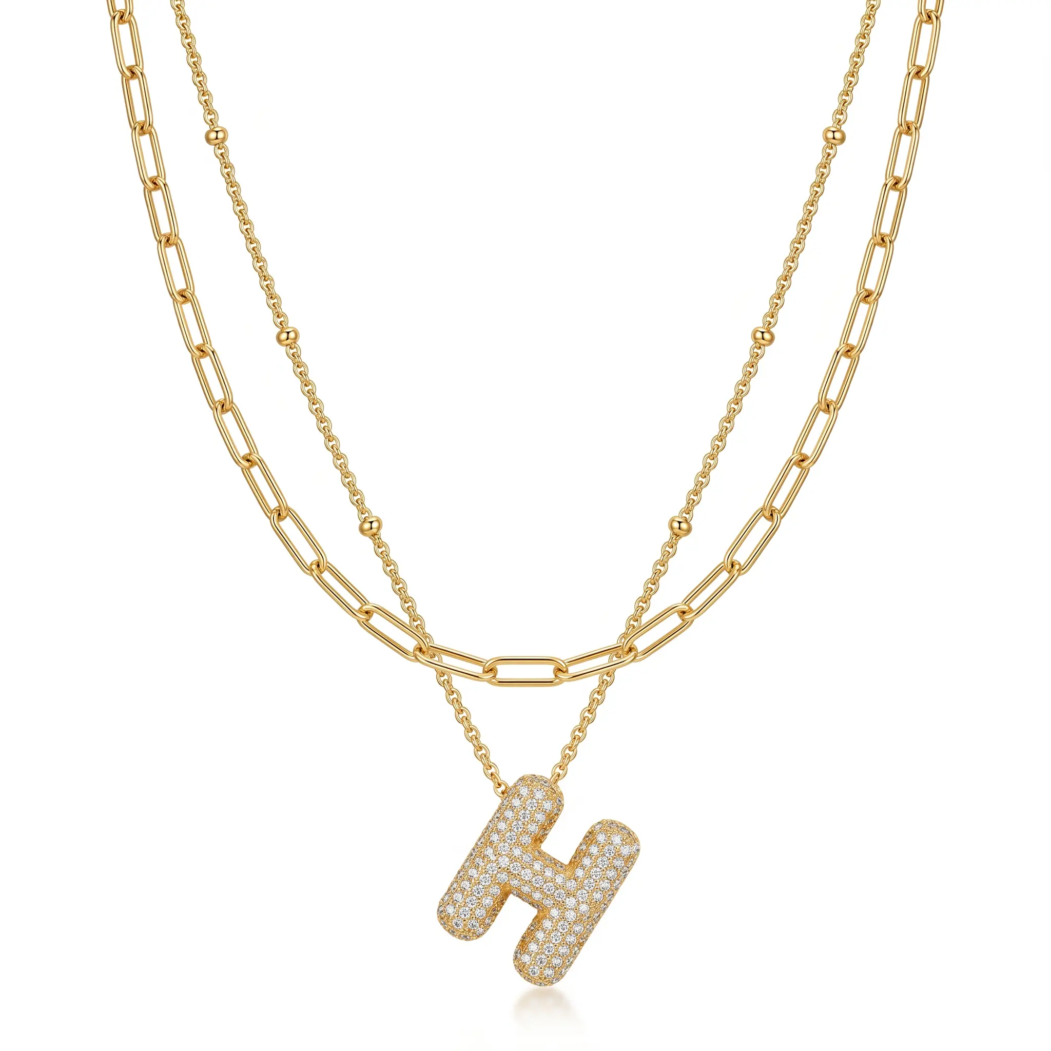Personalized Bubble Letter Necklace for Women 18K Gold Plated Layered Alphabet Pendant Necklace Sparkling Cubic Zirconia Initial Choker Trendy Double Layer Chain Jewelry Dainty A to Z Letter Charm Aesthetic Personalized Jewelry Gift for Her Fashionable ti