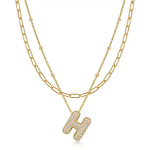 Personalized Bubble Letter Necklace for Women 18K Gold Plated Layered Alphabet Pendant Necklace Sparkling Cubic Zirconia Initial Choker Trendy Double Layer Chain Jewelry Dainty A to Z Letter Charm Aesthetic Personalized Jewelry Gift for Her Fashionable ti