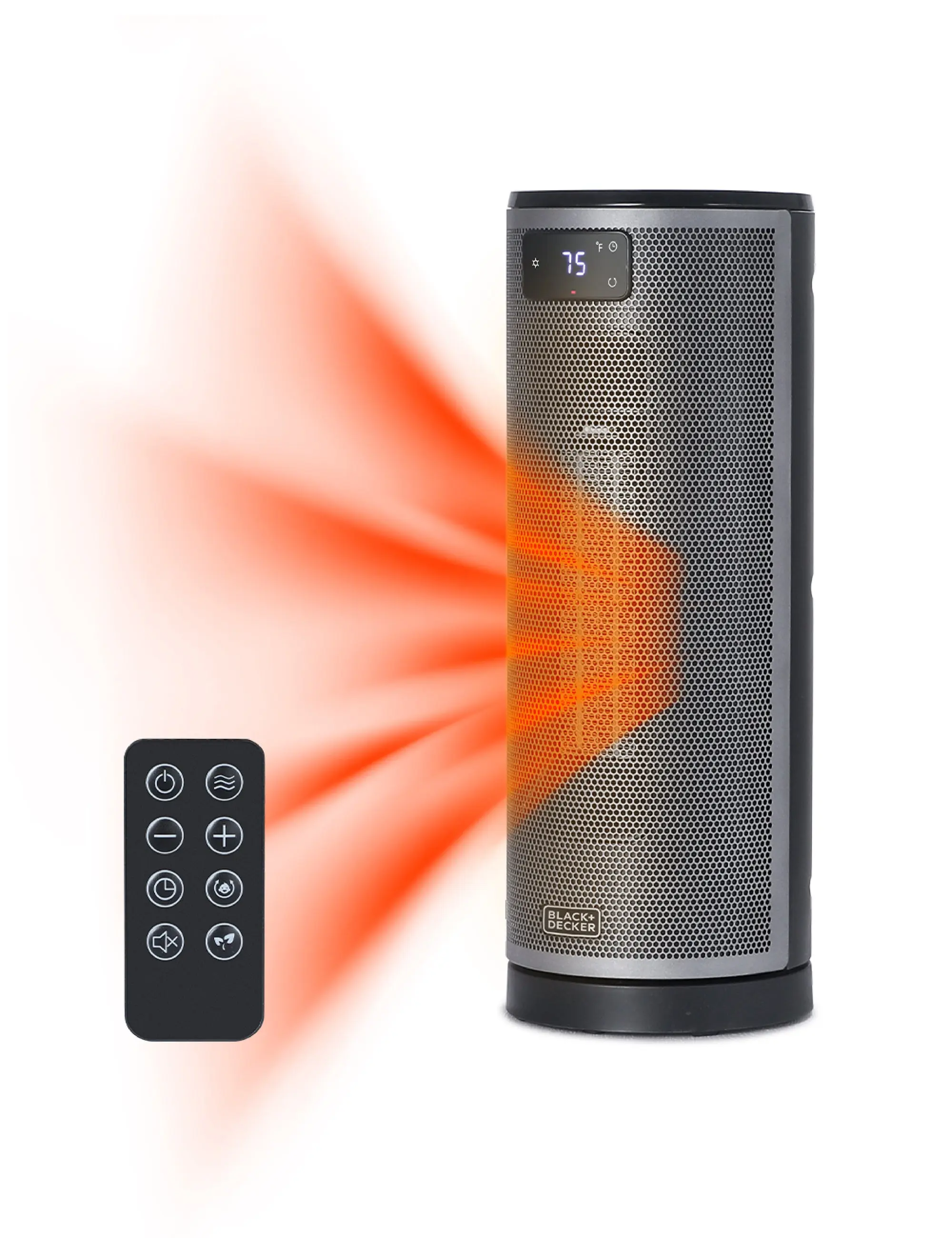 BLACK+DECKER Ceramic Oscillating Tower Heater with Remote Control, Space Heater with Digital LED Display, Adjustable Thermostat, 3 Heat Settings up to 1500W, BHTC209, Black