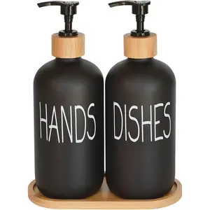 Glass Soap Dispenser Set. Hand Soap and Dish Soap Dispenser with Bamboo Tray. Vintage Soap Dispenser with Pump for Kitchen Sink and Bathroom.