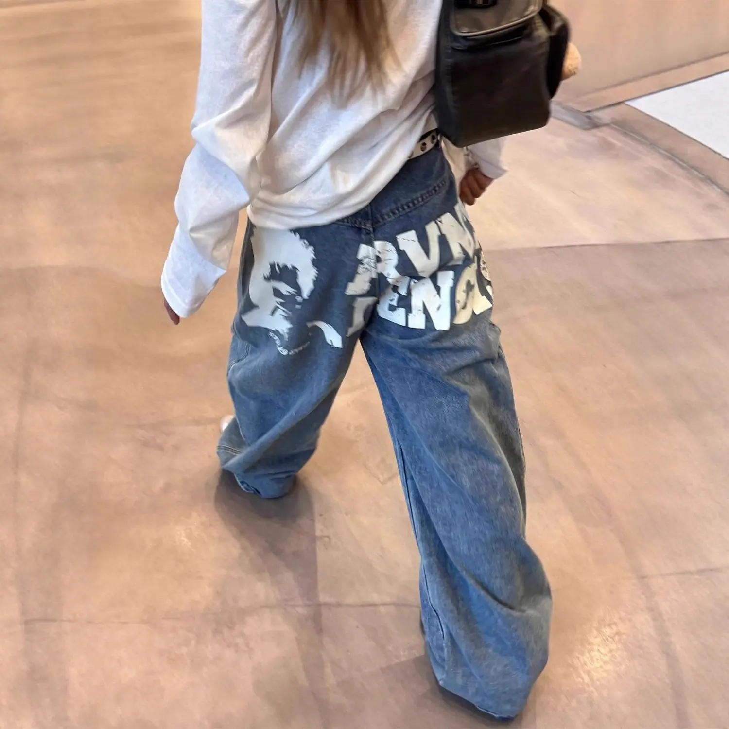 Women'S Pants Graffiti Letters Mid-Rise Portrait Y2k Jeans For Women Hip-Hop Street Style Casual Everyday Bottoms