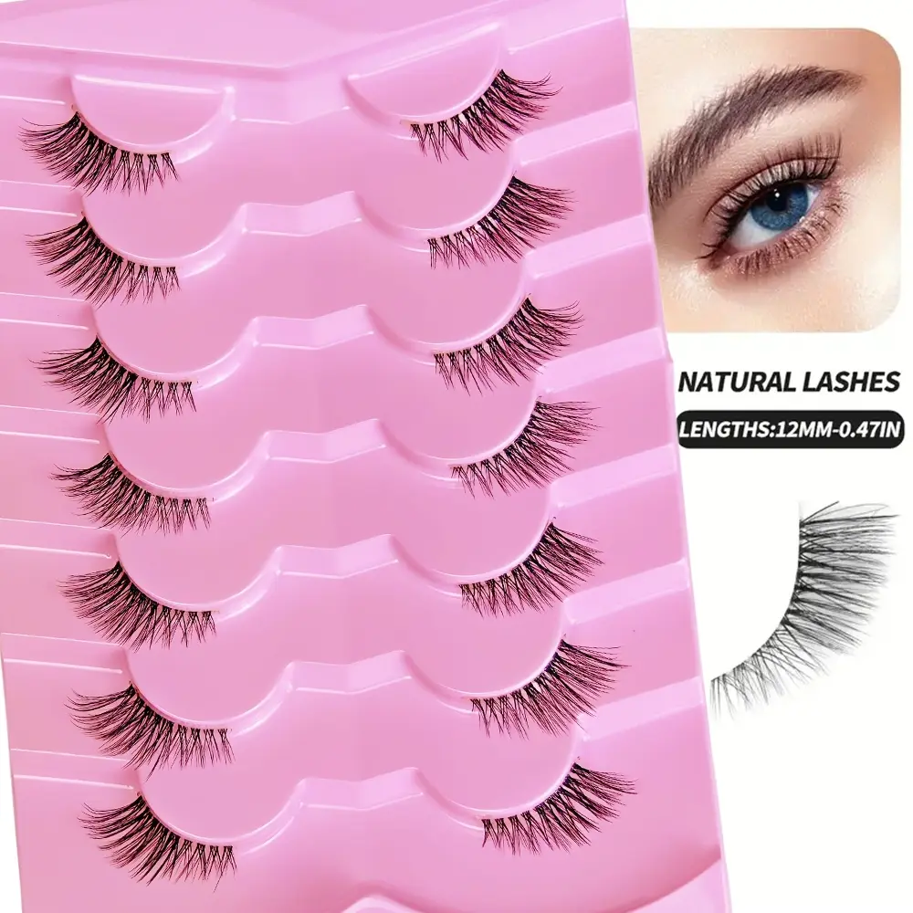 7 Pairs Half Lashes with Clear Band, Cat Eye Tail Elongated Eyelashes, Natural Look Wispy Faux Lashes, Fluffy Soft False Eyelashes, Cosmetic