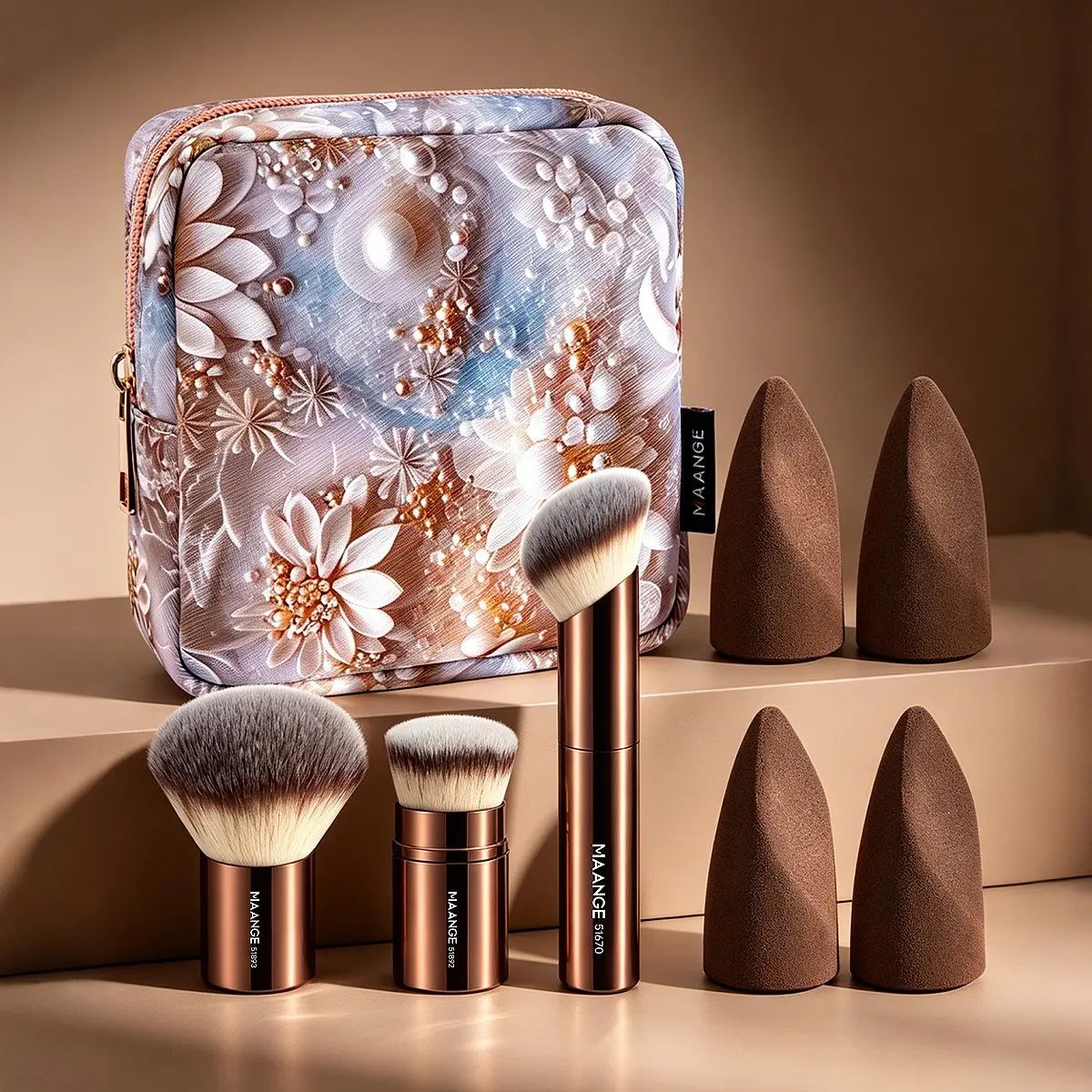 Maange 8-Piece Makeup Tool Kit Set, Includes 3 Face Brushes, 4 Puff Cushions, 1 Makeup Bag, Foundation Brush, Blush Brush, Loose Powder Brush, Synthetic Makeup Brushes, Cosmetics Brush Set