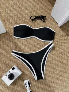 Two-Piece Set Women's Solid Color Contrast Binding Bandeau Bikini Set with Removable Straps, Casual Fashion Backless Swim Bra & Swim Panty, Ladies Swimsuit for Beach Holiday Vacation