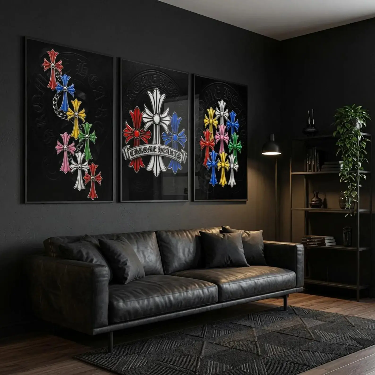 Chrome Hearts 3-Piece Wall Art Set, Colorful Gothic Cross Posters, Luxury Streetwear Hypebeast Y2K Home Decor Prints