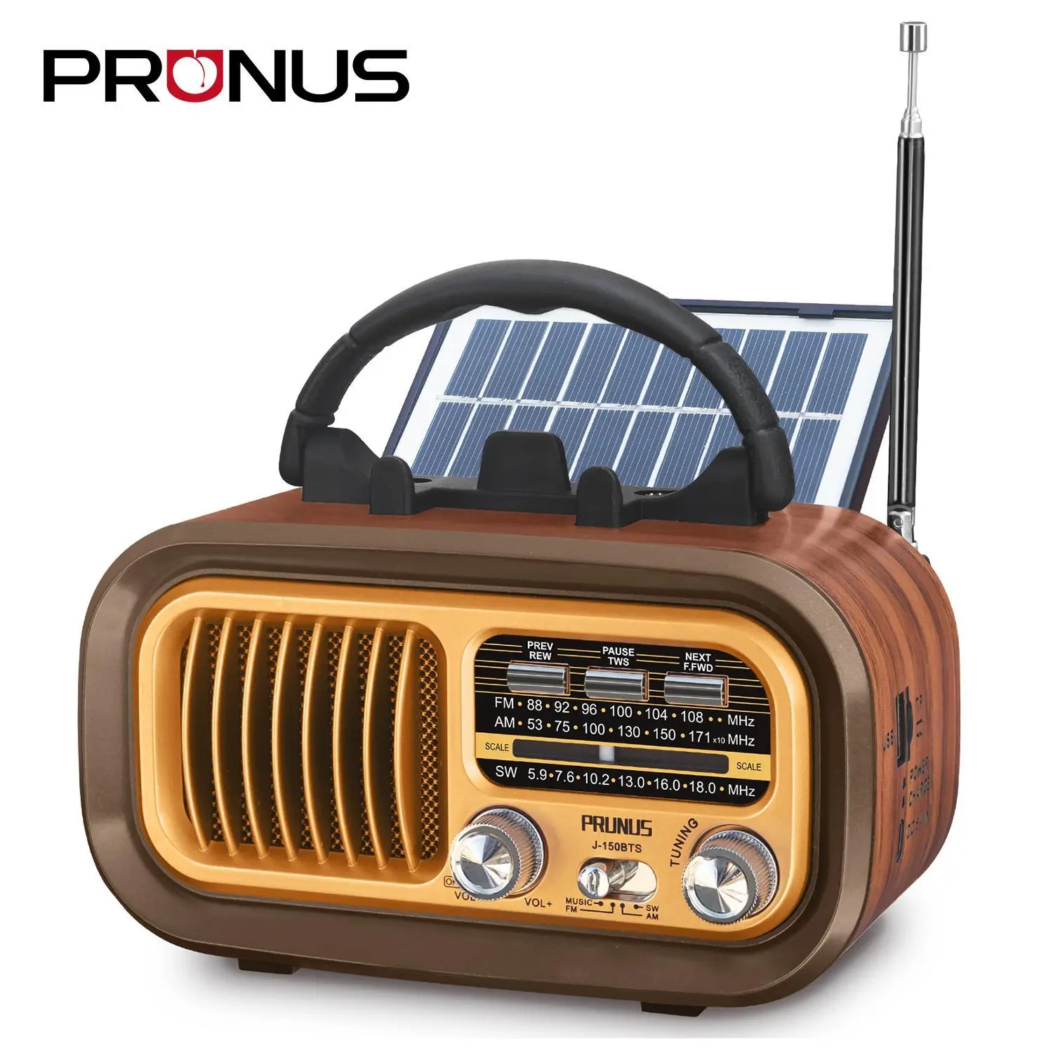 PRUNUS J-150 Portable Radio AM FM SW Bluetooth Speaker,TF Card/USB Playback | Retro Radios Vintage Transistor with Best Sound, Solar/D Battery Operated/USB Charging, TWS