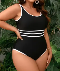 Plus-size black round-neck one-piece swimsuit with tummy control and slimming effect, perfect for beach vacations, pool parties, and holiday wear - curve-friendly solid black swimwear