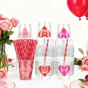 Valentine's Day Party Cups 20/40 Pack with Heart Design Straws for Sweet Be Mine Love Celebrations