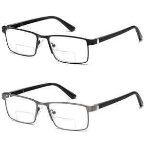 2Pcs Bifocal Glasses Men Blue Light Computer Readers Reading Glasses Clear Top Designer Metal Frame Fashion Spring Hinge Eyeglasses