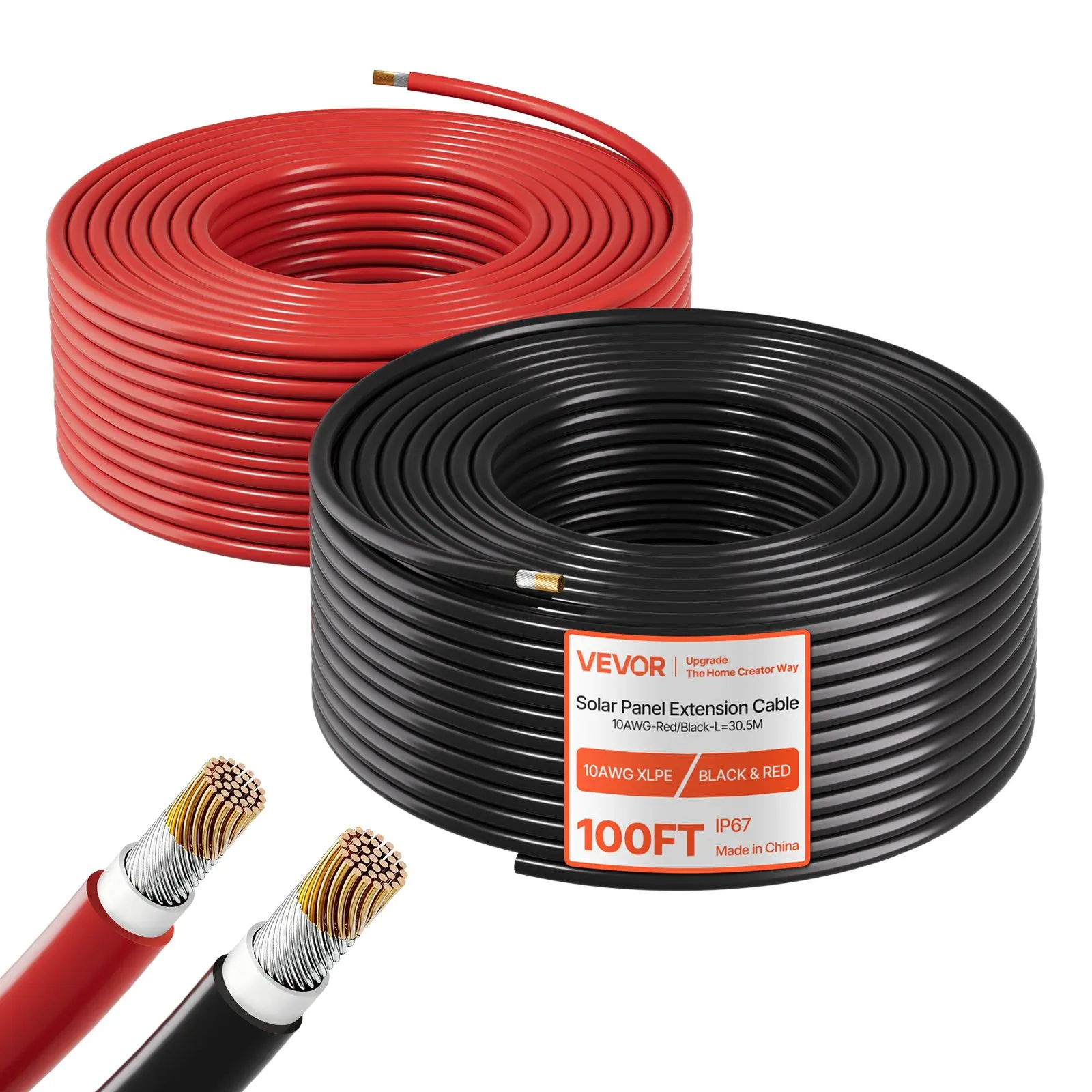 VEVOR 10AWG Solar Panel Extension Cable Kit, 100ft Black + 100ft Red Dual Conductor PV Tinned Copper Core Cable (6mm²), 25yr XLPE Jacket, IP67 Water Resistant, -40°F to 194°F, Reliable Low-Loss Power Delivery, for Outdoor Home Off-Grid Systems, Automotive