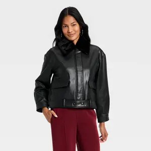 A New Day Women's Faux Leather Jacket Midweight Front Button Full Lining