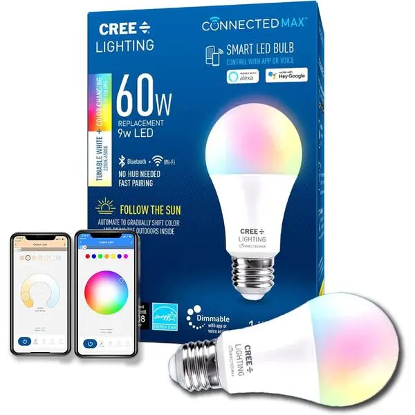Cree Lighting Connected Max Smart Led Bulb A19 60W Tunable White + Color Changing, 2.4 Ghz, Works with Alexa and Google Home, No Hub Required, Bluetooth + WiFi, 1Pk