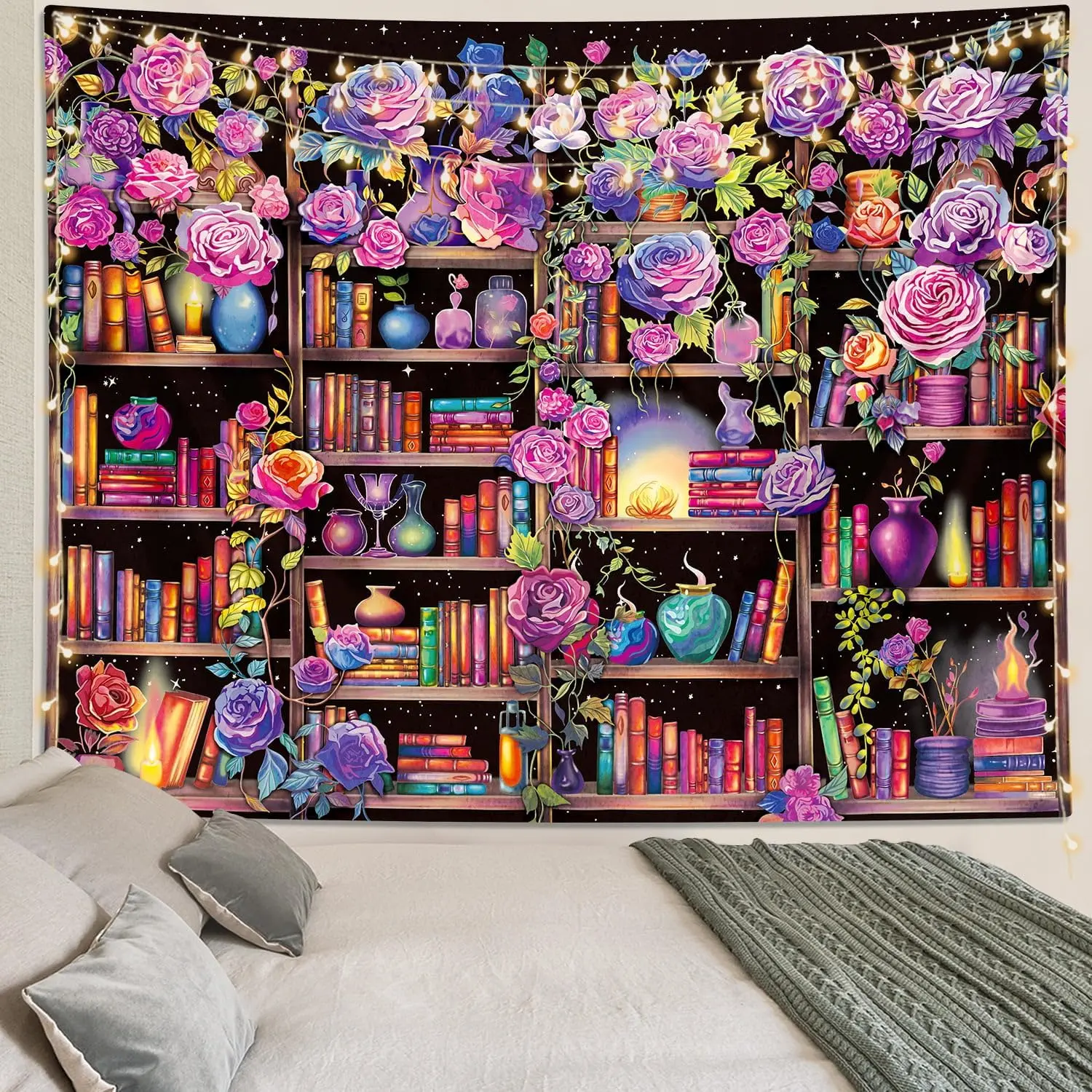 Bookshelf Wall Tapestry Pink and Purple Flower Tapestries Colorful Plants Tapestry for Bedroom Aesthetic Floral Tapestry Wall Hanging Cute Girl Bedroom Decor