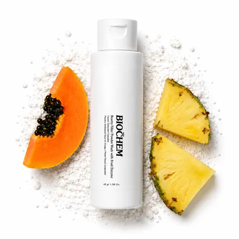 BIOCHEM Fruit Enzyme Powder Facial Wash - Plant-Based, Non-Toxic Daily Cleansing Foam Cleanser with Papaya & Pineapple Enzymes, Gentle Exfoliator, Low pH, Fragrance-Free for Sensitive Skin, 45g