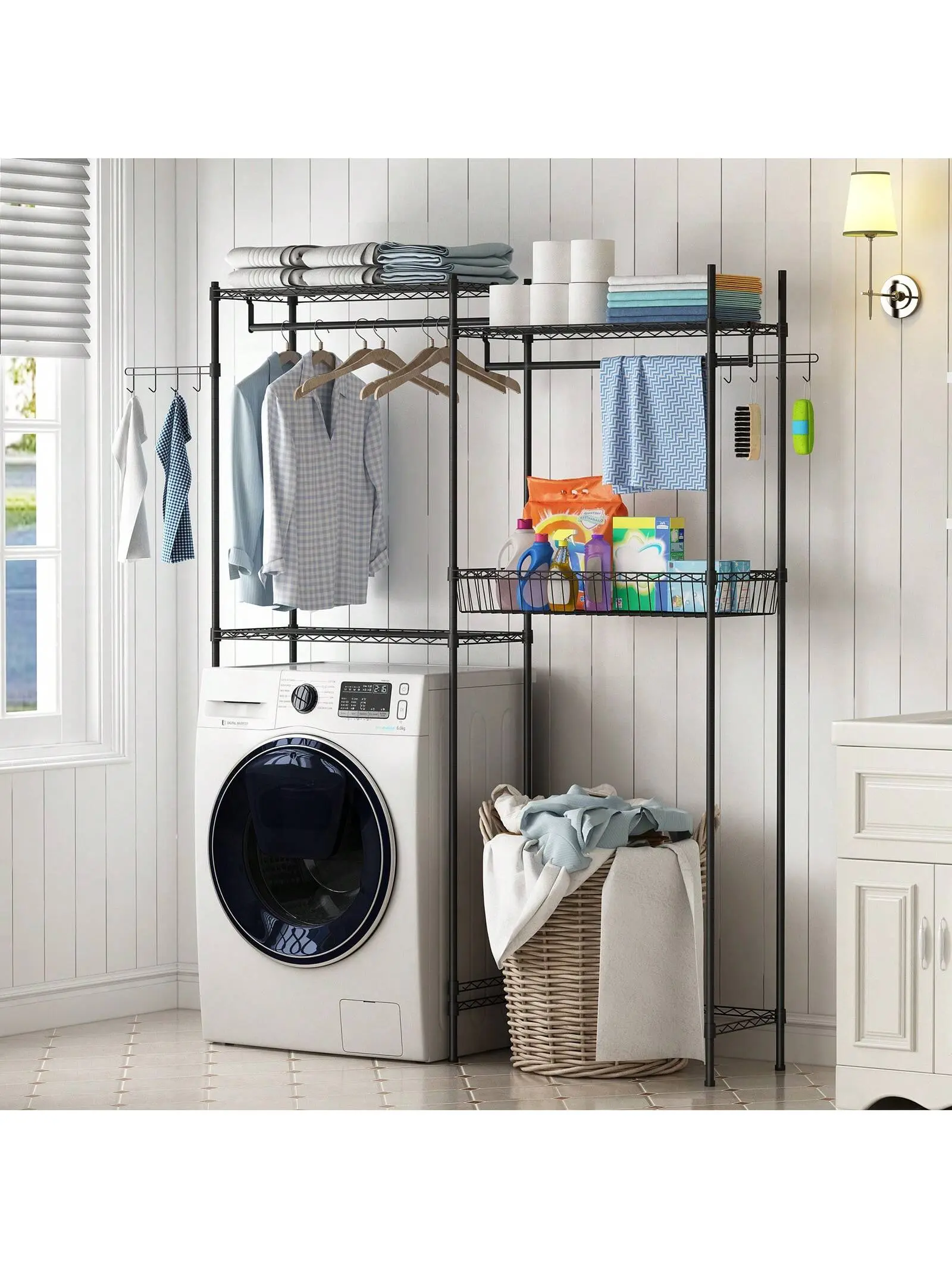Gaomon Over Washer and Dryer Storage Shelves - Heavy-Duty Freestanding Steel Laundry Products, DIY Design, Height-Adjustable, 57.4in W x 75in H, 88 lbs Capacity, Wire Basket, Hamper, Hooks for Laundry Room Accessories