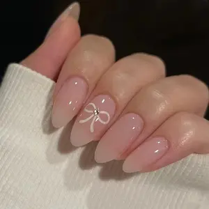 24 Pcs Medium-Length Almond Nails, Sweet Style Bow Fake Nails, Simple Cute False Nails for Home Nail Art, Daily Use, Dates, Parties, Almond Nail Tips