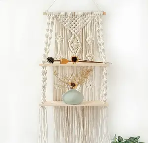 Bohemian Style Double Layer Hanging Wall Hanger Hand Woven Rope for Home Storage Living Room Bedroom Balcony Decoration